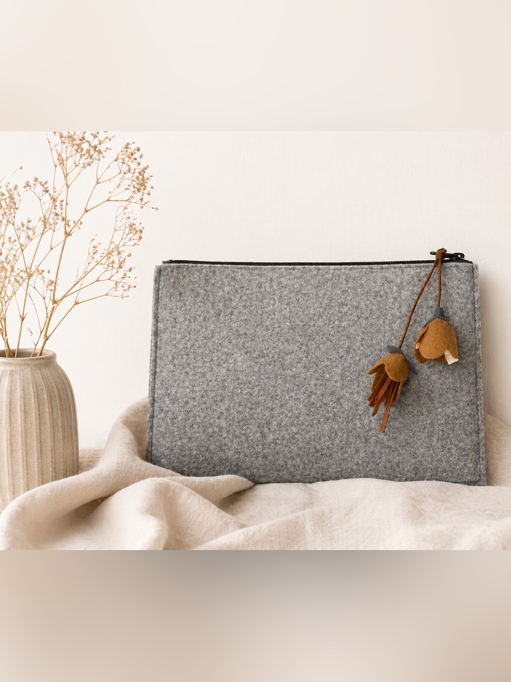Handmade Simple Gray Felt Zip Pouch with flower  Tassel